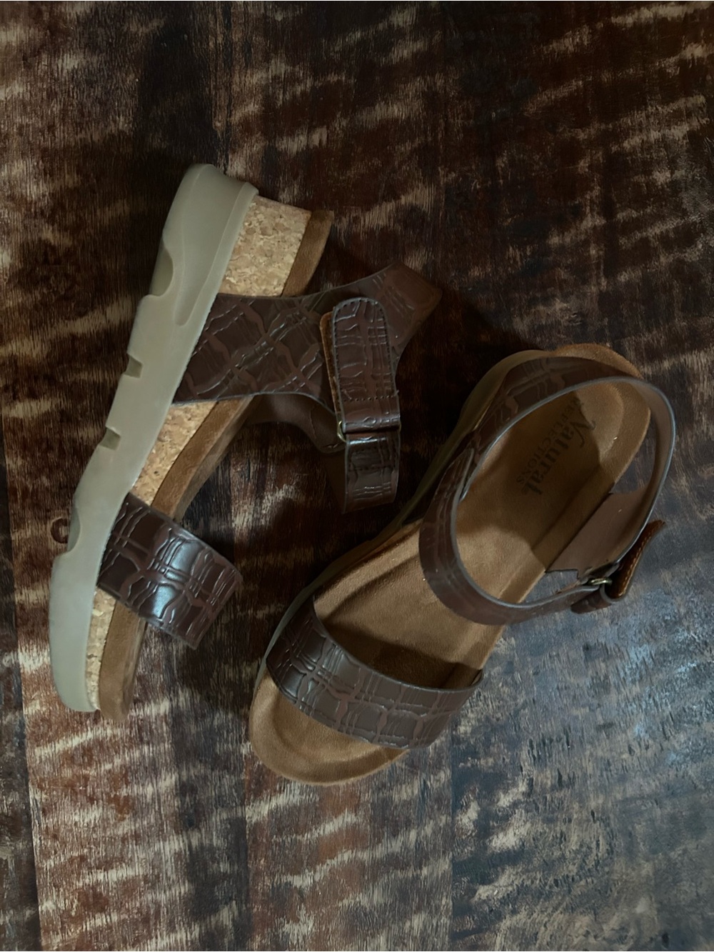 Natural Reflections Brown Croc-Embossed Cork Wedge Sandals